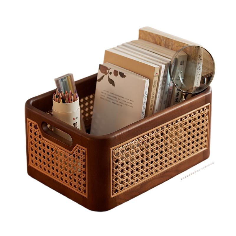 Luxury Rattan Storage Basket Rectangular Organizer Bin with Handles for Home Cosmetics Kitchen Accessories Desk Storage