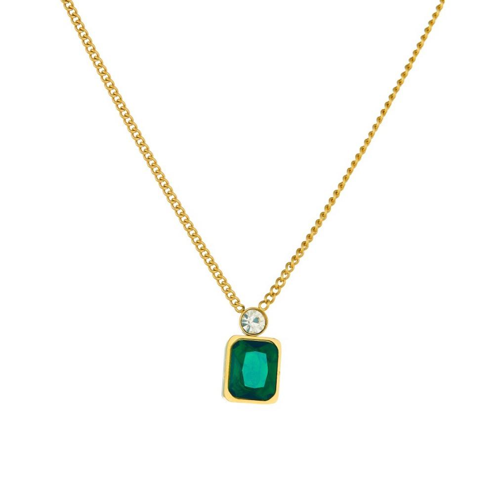 Luxus Temperament Geometrische Quadratform Goldrand Grüner Edelstein Zirkon Anhänger Halskette für Damen Edelstahl Schmuck