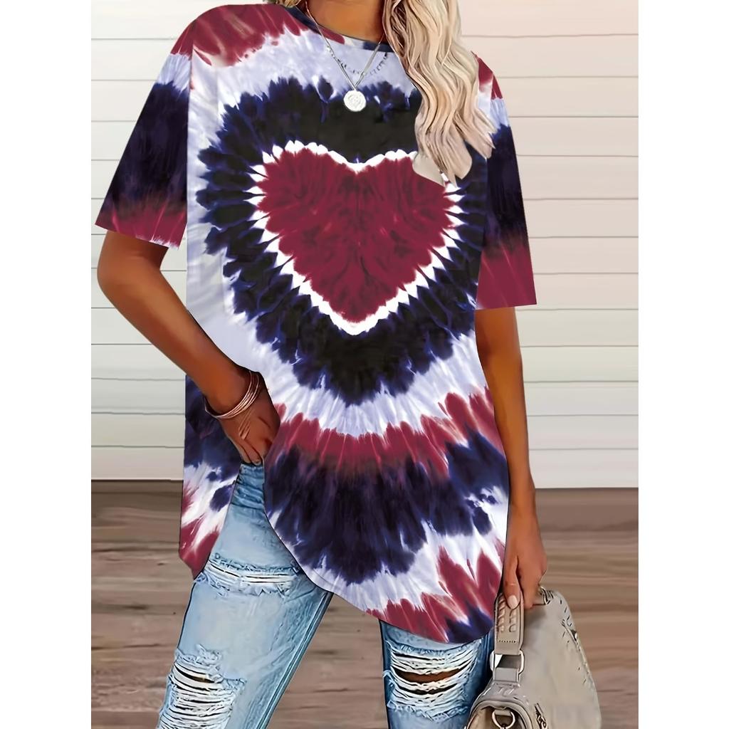 New Plus Size Women's Tie-dye Love Heart Print T-shirt, Casual Short Sleeve Top for Spring Summer