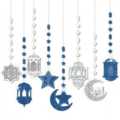 Gold Silver Eid Mubarak Banners DIY Paper Glitter Paper Star Moon Lantern Ceiling Hanging Pull Flag Hang Garland Islam Party