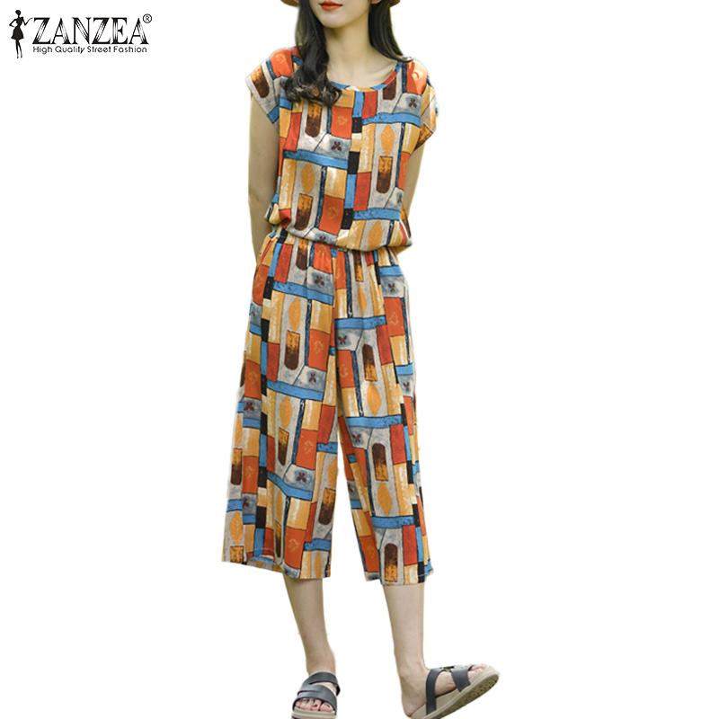 

ZANZEA Летняя одежда: женская футболка и укороченные брюки, повседневный костюм из двух предметов