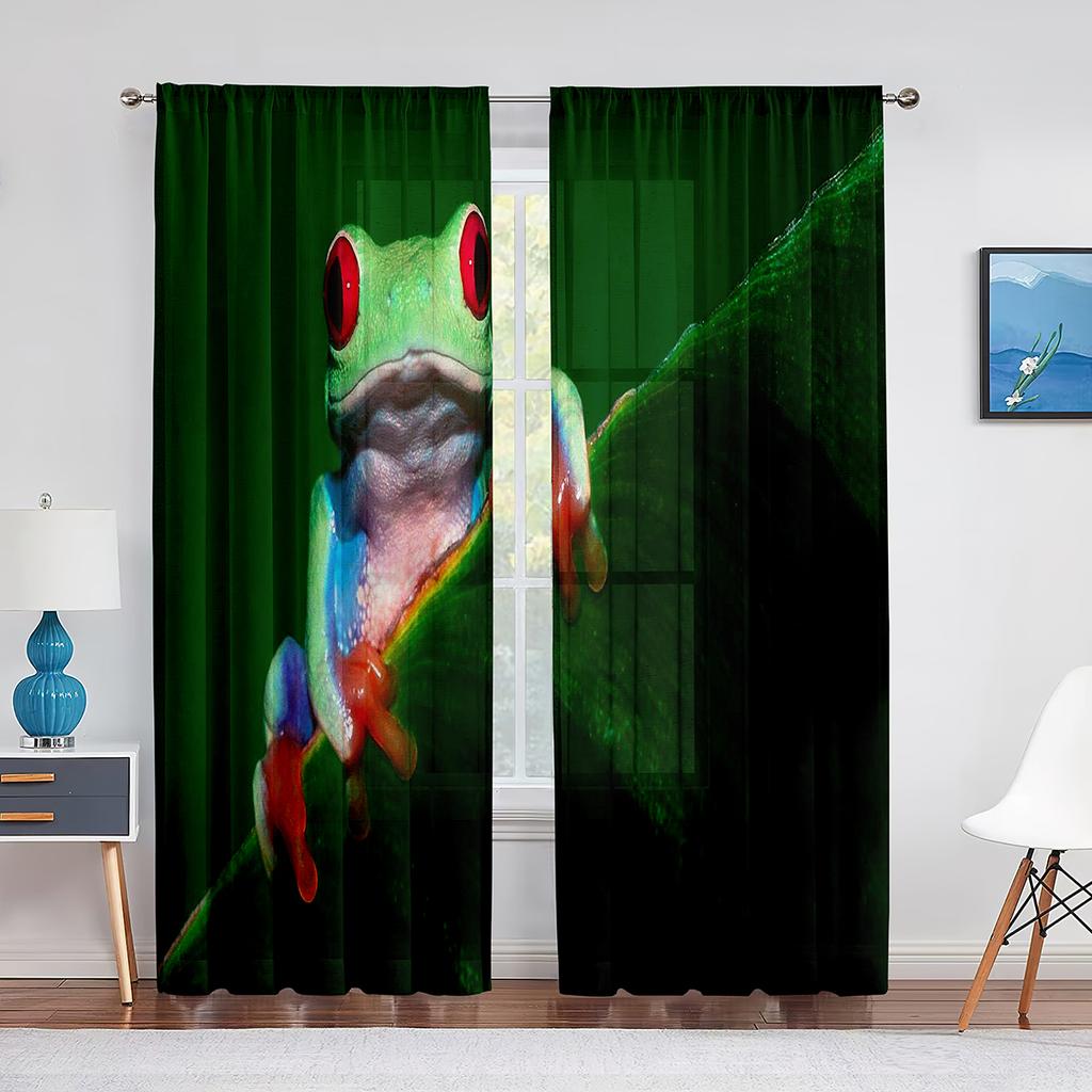 Grünes Tier Rote Augen Laubfrosch auf Blatt Tüllvorhang für Wohnzimmer Schlafzimmer Küchendekor Voile Transparenter Vorhang Fenstervorhänge