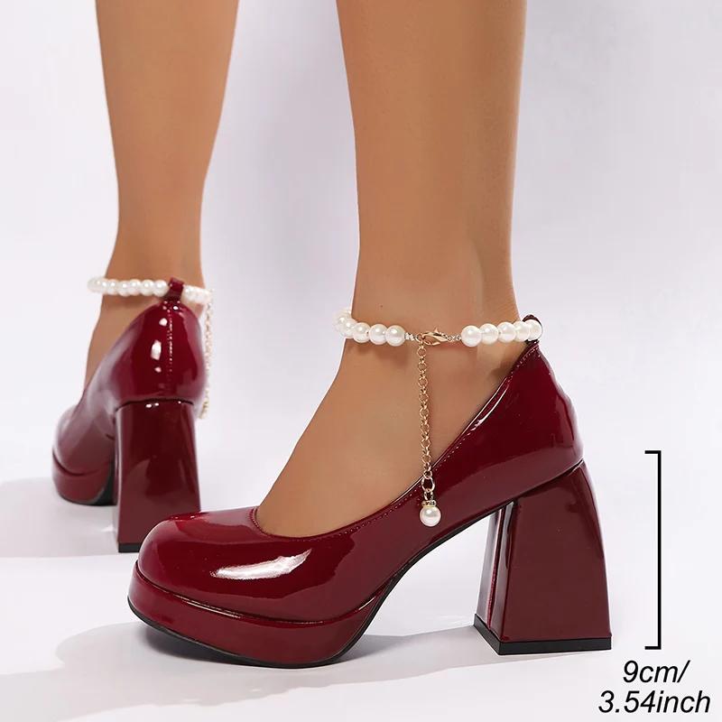 Fashion Chunky Platform High Heels Pumps Women Fashion Pearl Ankle Strap Party Shoes Woman Patent Leather Thick Heeled Mary Jane Shoes