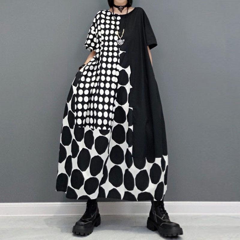 

2024 Корейский стиль Большой размер Платье средней длины в горошек пэчворк - Летняя литературная мода One Size чёрный