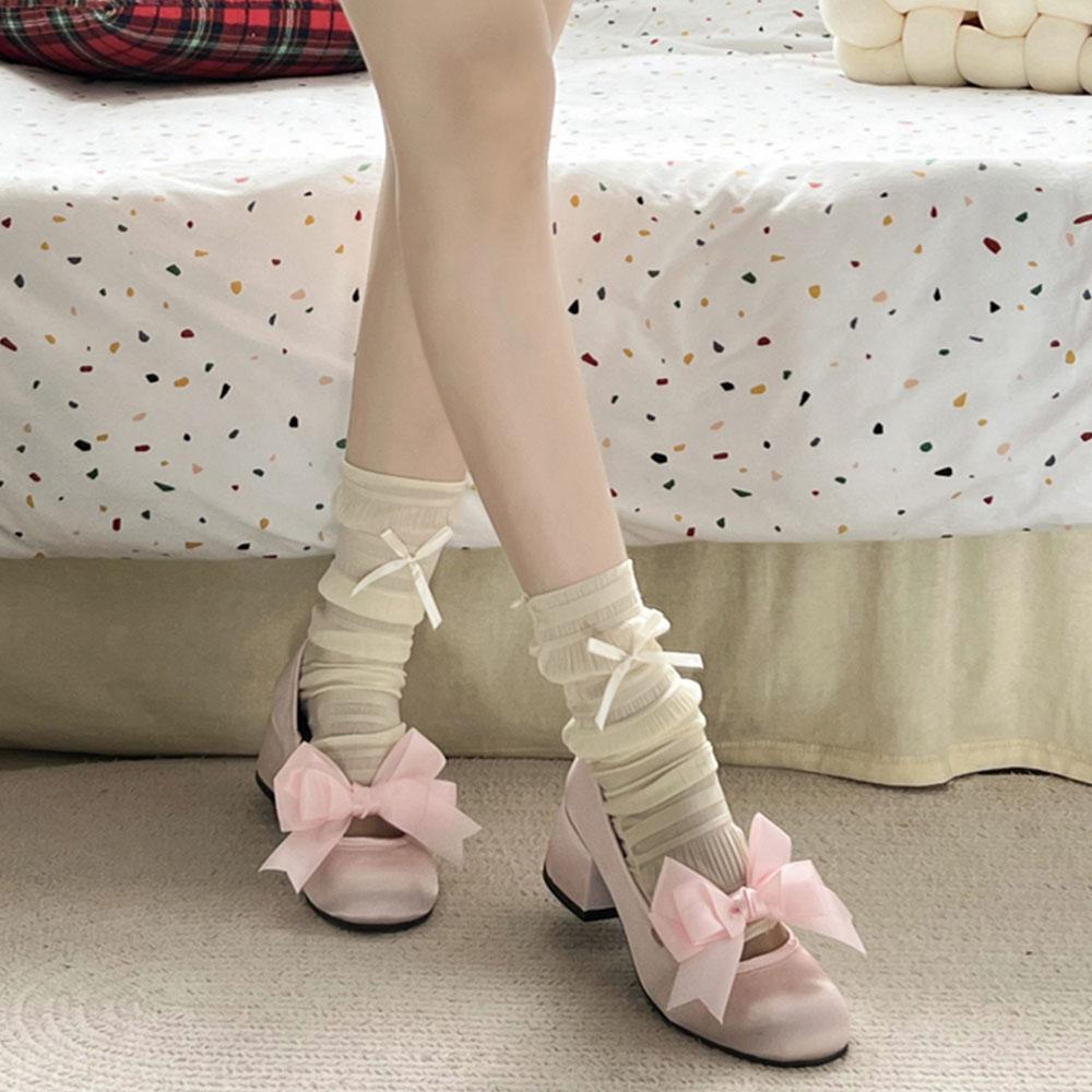 Silk Round Toe Women Mary Janes Shoes Pums Low Heels Pumps Wedding Dress Shoes Bow-knot Cute Sweet Women Shoes