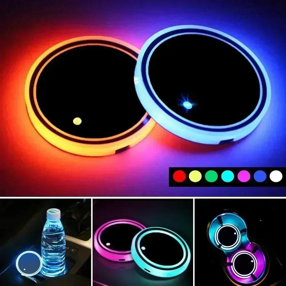 LED Car Cup Holder 7 Color Anti Slip Coaster Changing Lights Decorative Ambient Pads USB Charging Lighting Glowing Coaster