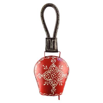 5 Inch Handmade Antique Cow Bell for Wall Hanging, Vintage Red Hand Painted Harmony Bell with Leather Strap for Garden Decor