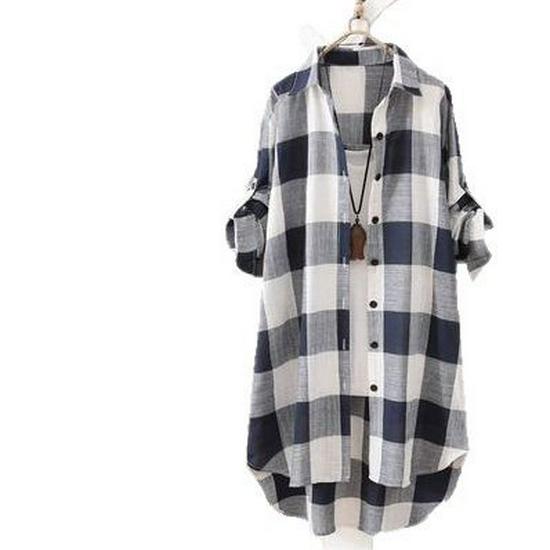 Women's Plaid Cotton Linen Shirt - Spring/Autumn, Mid-Length, Loose, Slimming, Casual Sun Protection Outwear