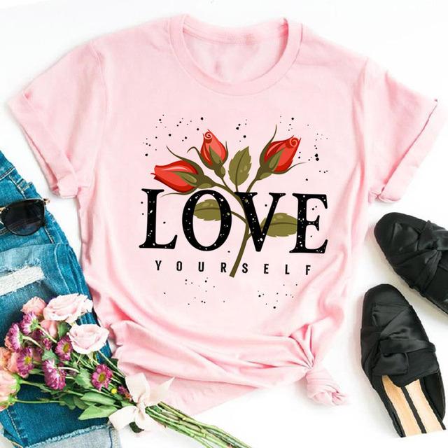 Fashion Women T Shirt Flower Printed T Shirt Casual Black Tops 90s Ladies Girl Tee Shirt Female Harajuku Graphic T -Shirt