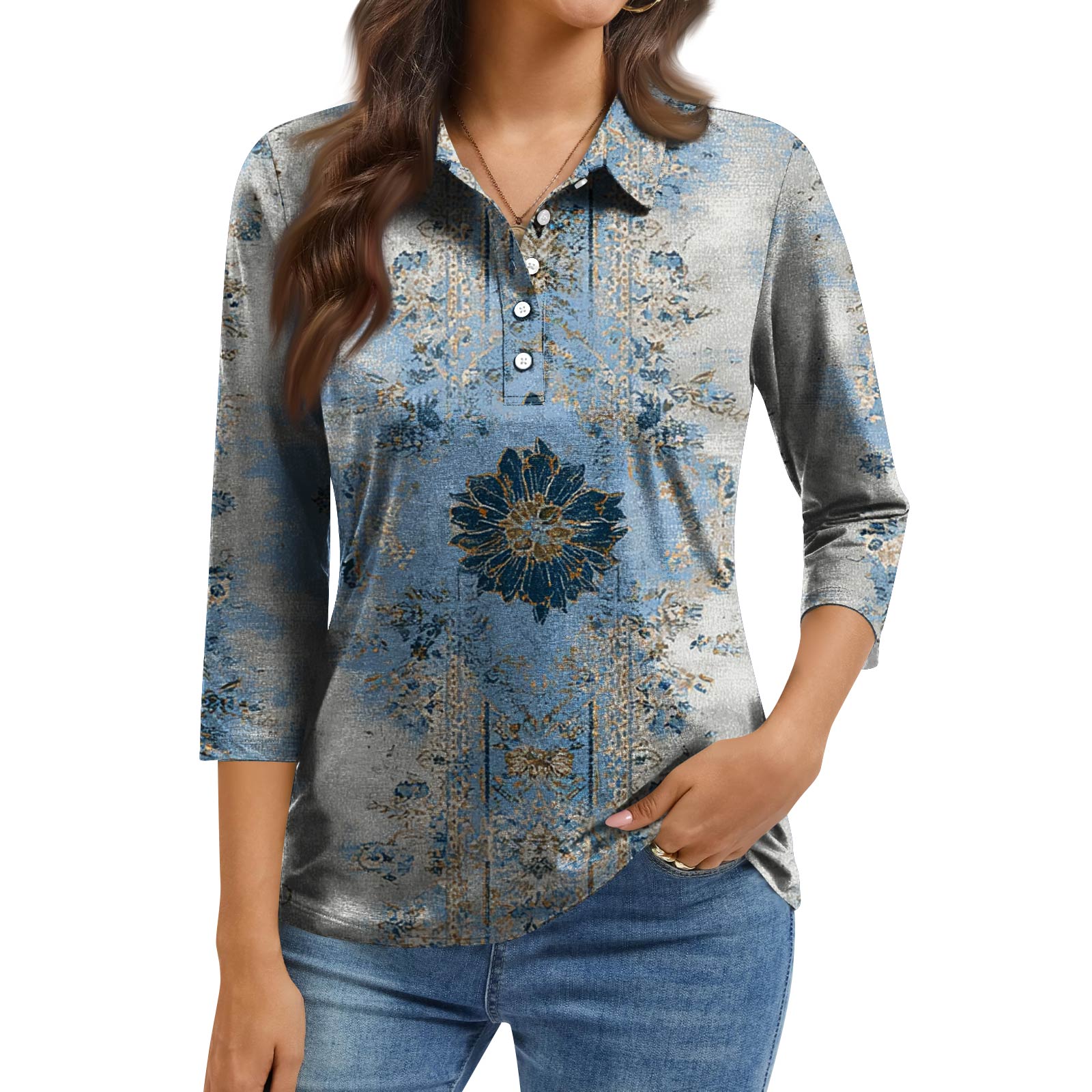 

Women s Fashion Casual Lapel Short 3/4 Sleeve Print Shirt Women s Button Up Tops XL небо синє кольору