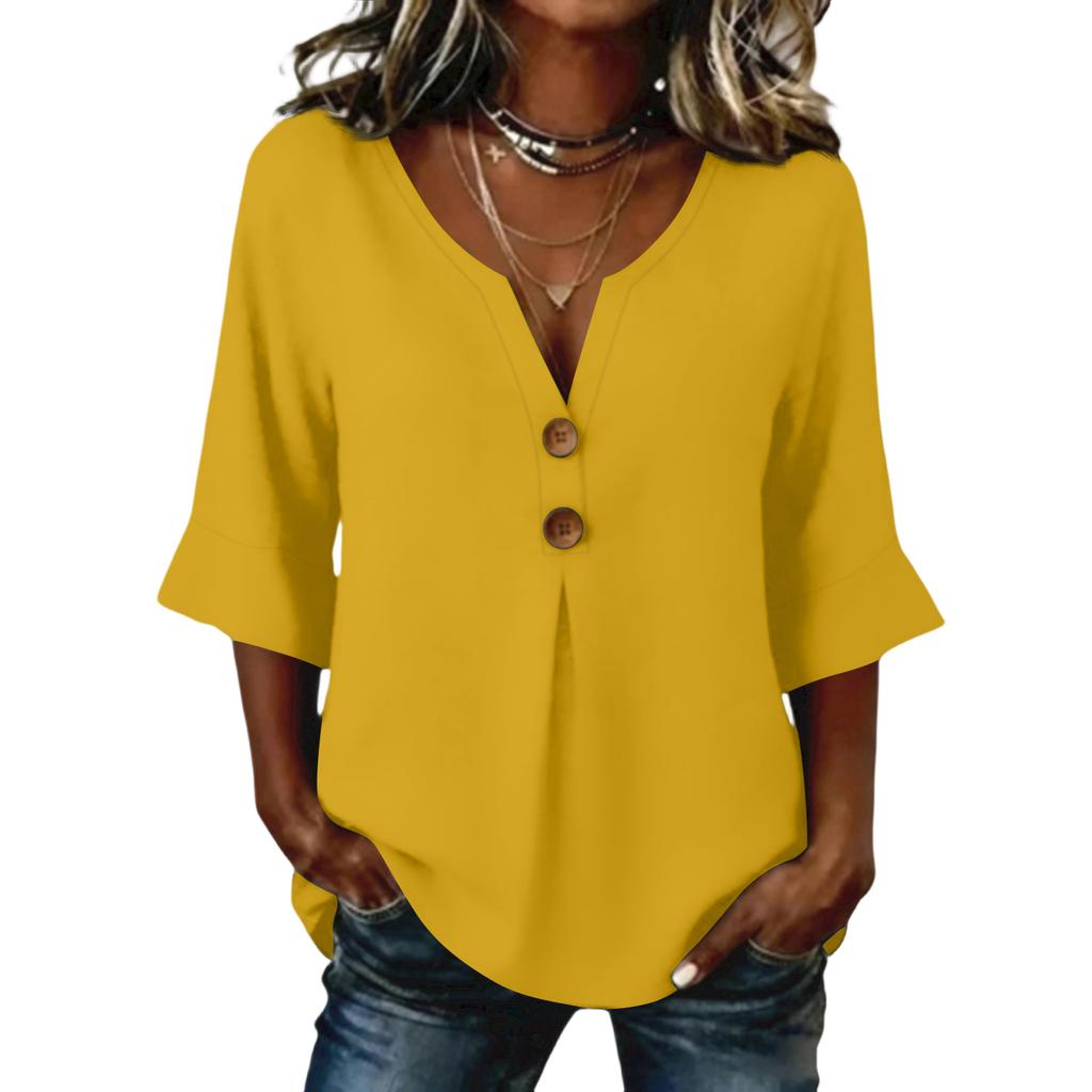 Women's  Color Button Casual V-neck Fashionable Seven Quarter Sleeve Top