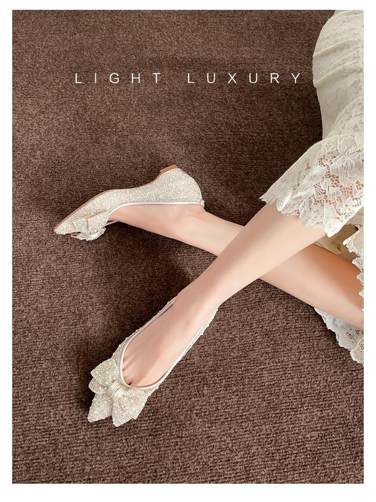 A33-3 Women's French Exquisite Rhinestone Pointed Toe Flat Shoes - Comfortable & Elegant for Banquets