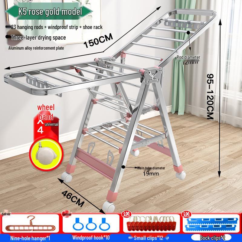 Wing-Shaped Stainless Steel Folding Clothes Rack for Indoor Drying and Storage