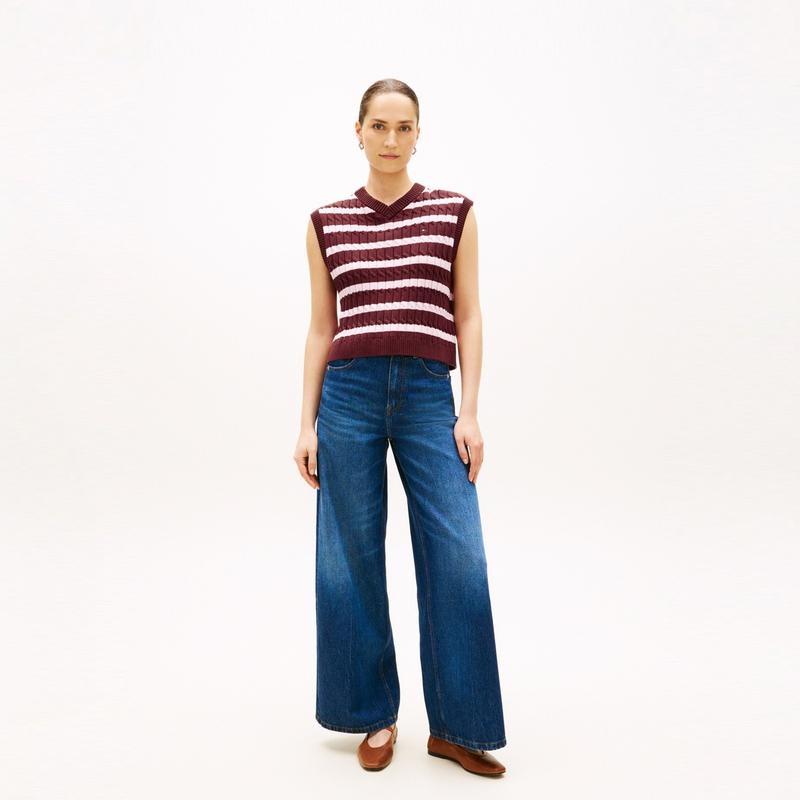 Tommy Hilfiger Casual Commuting Chunky Cable Knit Vest With V-Neck And Stripes Women tops WW484660000E8