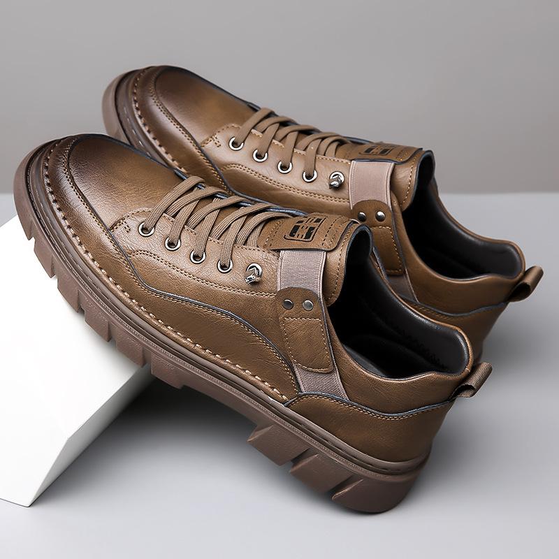 Spring Autumn New Leather Sneakers for Men Solid Color Fashion Platform Casual Shoes Man Retro Lace Business Work Shoes Male
