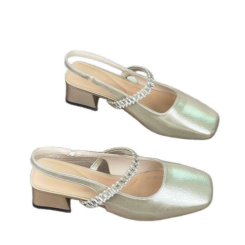 Thick Heel Mary Jane Bag Head Sandals Women's Summer New Rhinestone Word with Square Head Light Mouth Sandals