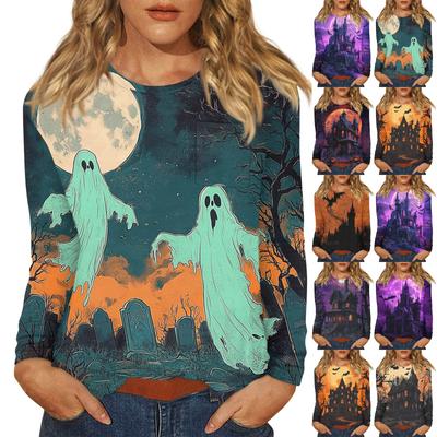 Damen Daily Casual Langarm Halloween Bedrucktes Rundhals-Oberteil