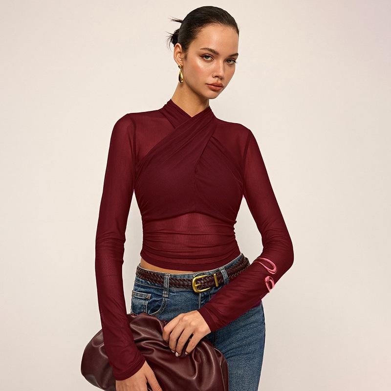 Women's J25TP256 Semi-Transparent Mesh Crossover Long Sleeve Slim Fit Short T-shirt for Summer and Autumn
