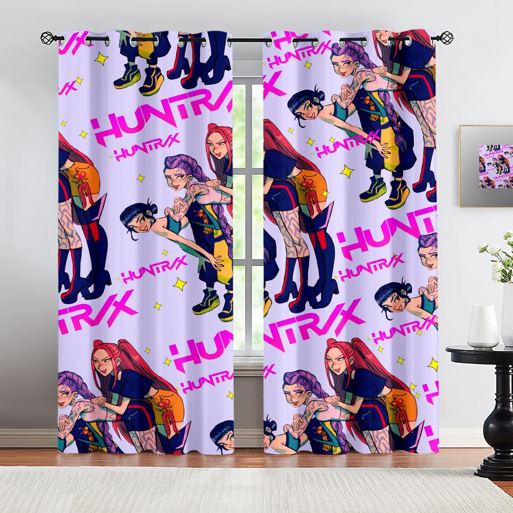 2pcs Kpop Anime Girls Curtains Cute Idol Group Print Blackout Curtains Orange Background Window Drapes For Teens Bedroom Dec
