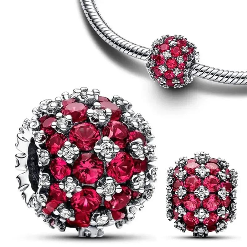 925 Silver Heart Charm Beads Full Diamond Round Rose Pendant for DIY Necklace Bracelet Jewelry Gift