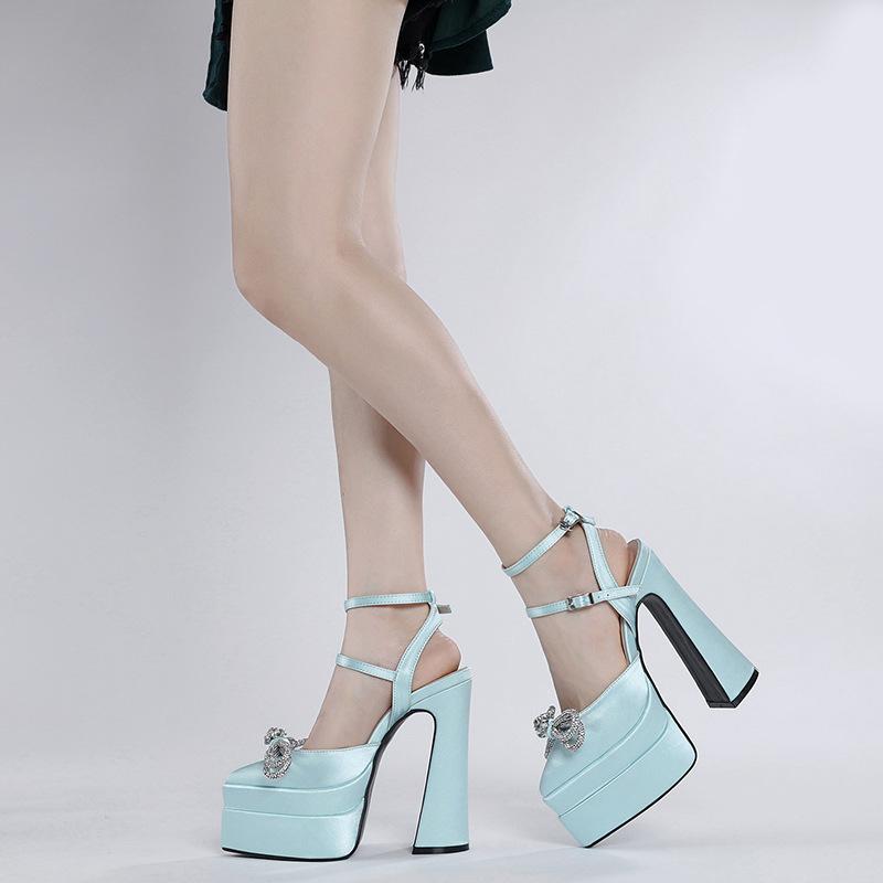 New fashion water platform thick heel hate sky high pointed satin high heel catwalk show women's single shoes rhinestone women's shoes