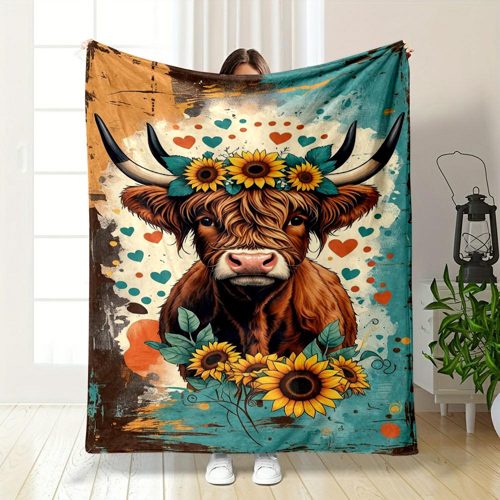 Highland Cow with Sunflower Crown warm quilt- Flannel blanket for bedroom, living room, sofa, and nap.