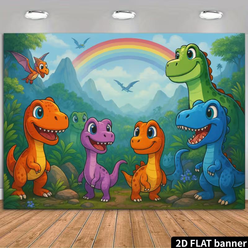 

2D Cartoon Dinosaur Backdrop - Colorful Jurassic Photography Background Banner for Kids Birthday Party Decor 47.2x31.5inch/120*80cm