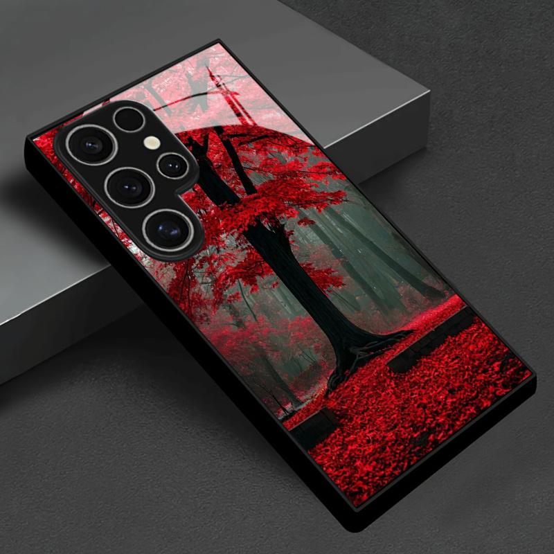 Tempered glass phone case with tree pattern covered in red leaves for Samsung Galaxy S26 S25 S24 S23 S22 S21 S20 fe plus ultra