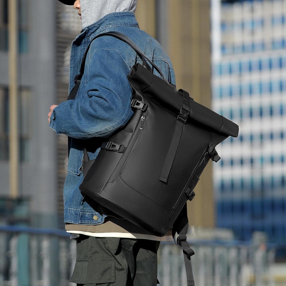 Roll-mouth Backpack for Men's Large Capacity Travel Bag Computer Backpack Fashionable Personalized Student School Bag