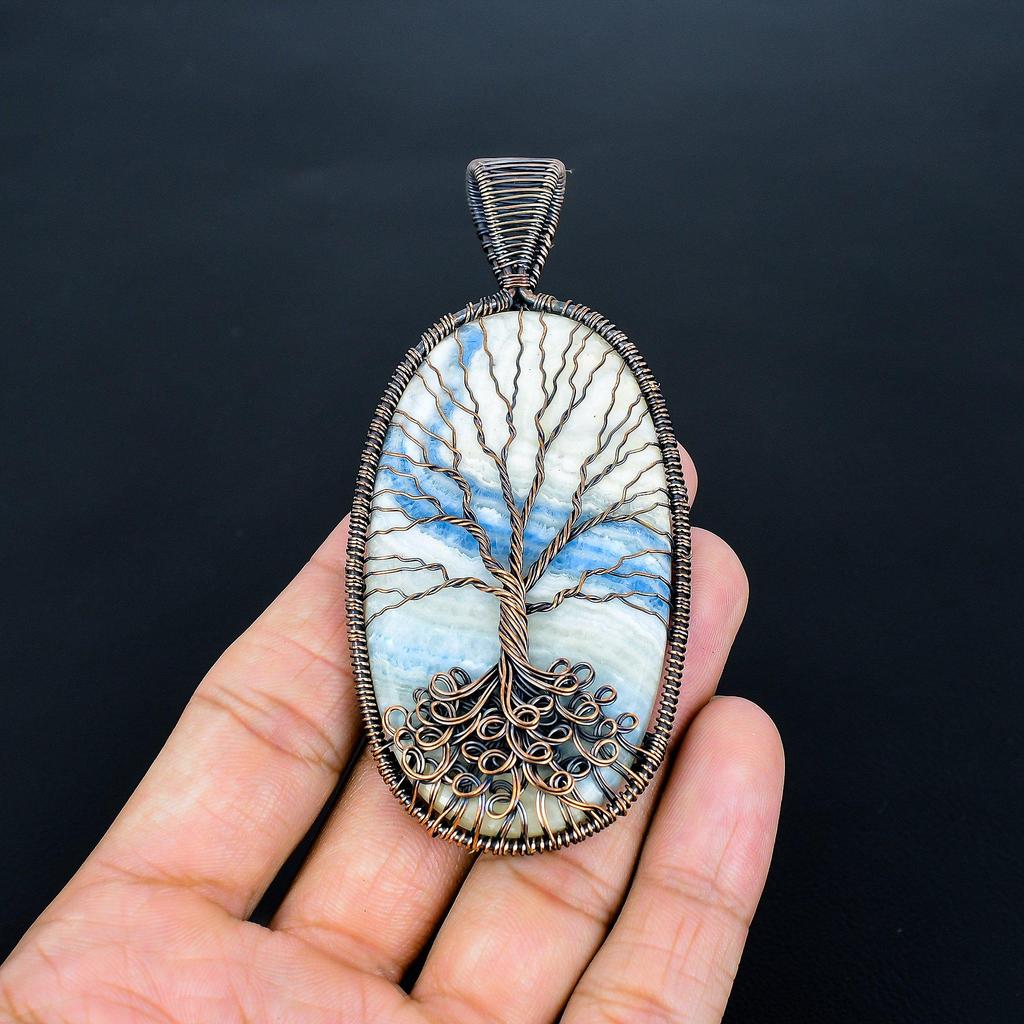 Blue Scheelite 999 Copper Wire Wrap Pendant, Handmade Gemstone Tree Of Life Pendant Jewelry, Gifts For Wife Brand New Pendant