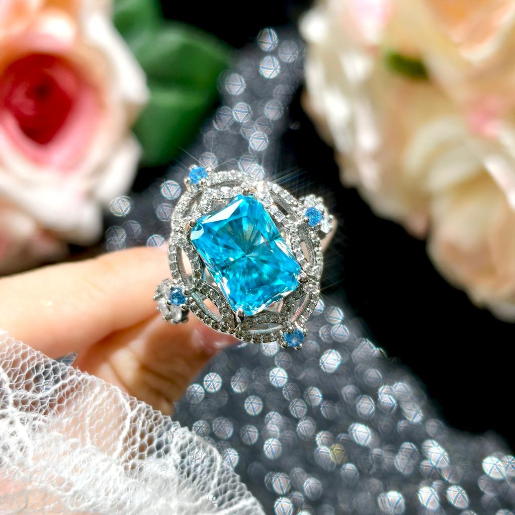 Elegant Luxury  Color Jewelry Sets Dazzling Sea Blue Cubic Zirconia Stone Party Ring Earrings Pendant Necklace For Women