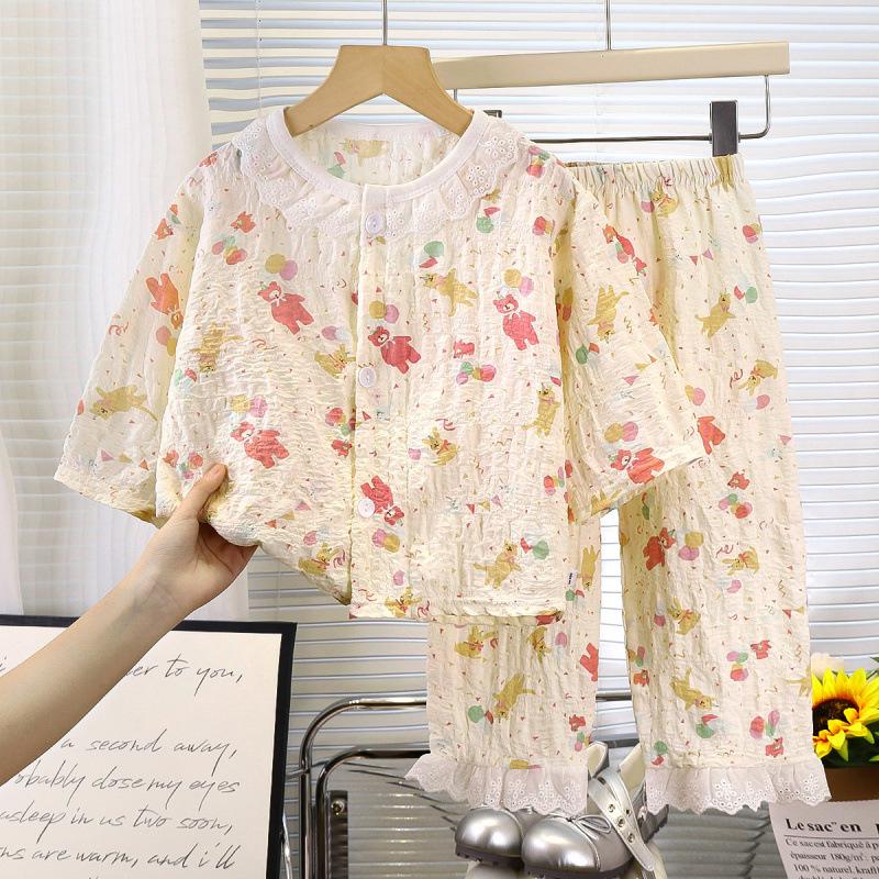 Summer Floral Lace Cotton Pajama Set for Girls: Nine-Sleeve Korean Style Air Conditioning Homewear