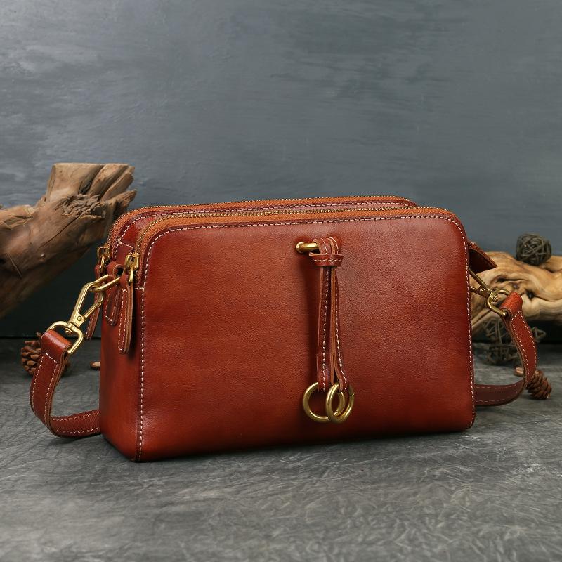 Three-compartment Crossbody Bag, Genuine Leather Retro Style Handcrafted Single-shoulder Small Square Bag