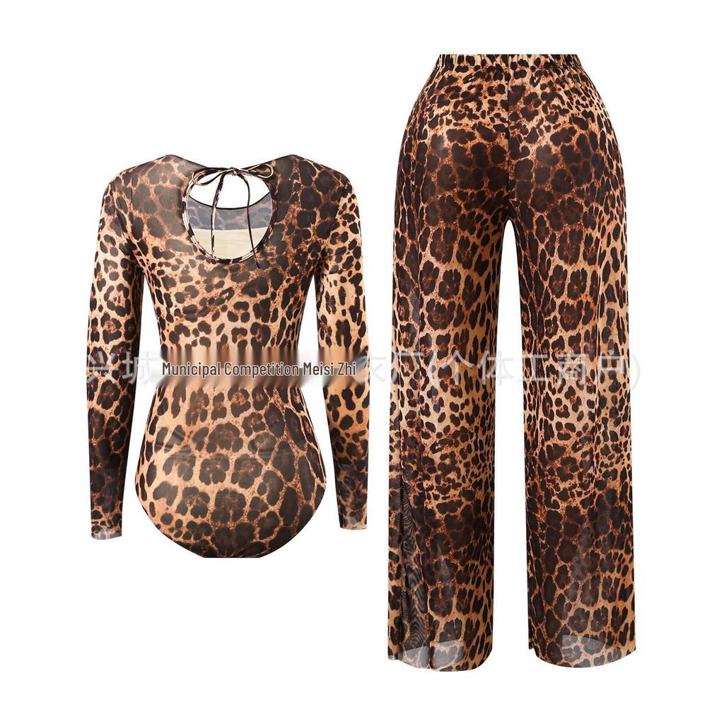 Leopard Print One-Piece Rash Guard Swimsuit Set