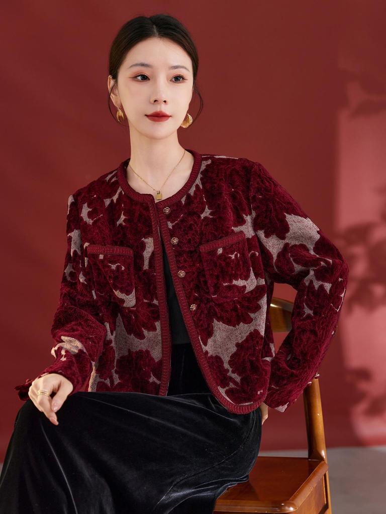 High-Quality Autumn/Winter Women’s Top Coat - Comfortable, Casual Round Neck with Elegant Print