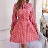 GMXIA Autumn and Winter Stylish Polka Dot Tie Waist-cinching Long-sleeved Pleated Skirt Women's Wear
