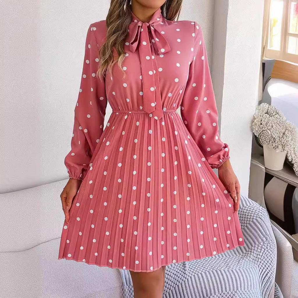 GMXIA Autumn and Winter Stylish Polka Dot Tie Waist-cinching Long-sleeved Pleated Skirt Women's Wear