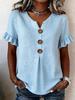 Women Solid Color V Neck Short Sleeve Button Casual T Shirt Top
