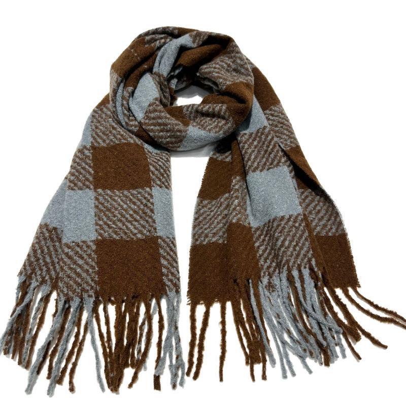 Neuer Temperament Koreanischer Stil Weiß Blau Karierter Schal Damen Winter Warm Imitation Kaschmir Quaste Schal