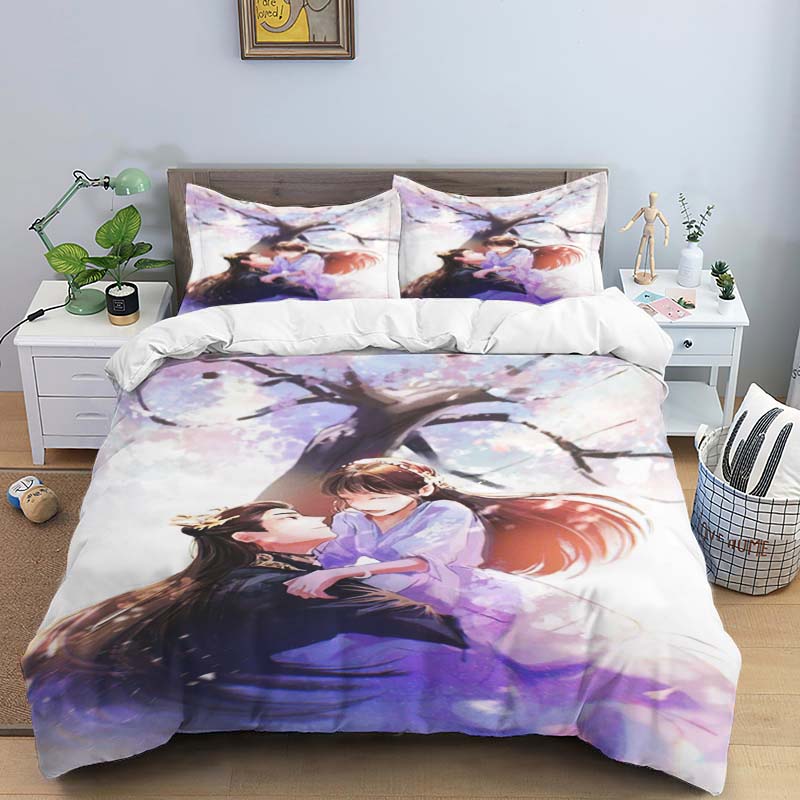 Ancient Chinese fantasy couple print bedding set, three-piece set, duvet cover and pillowcase set, dormitory single and double b