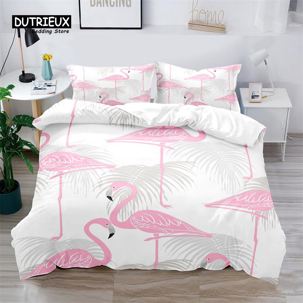 Weiche Bunte Flamingo Bettwäsche Set Queen Size Mikrofaser Tropische Blumen Grüne Blätter Bettbezug mit Kissenbezügen Heimtextil