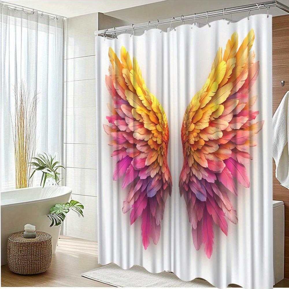 1Pc Vibrant Angel Wings Shower Curtain - Polyester, Hand Wash Only, 70. 8X70. 8 Inches, Colorful Feather Design With Golden Acce