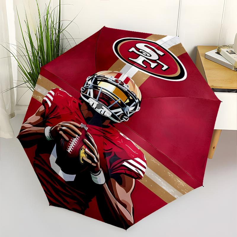 San Francisco 49ers LOGO Print Automatic Umbrella, 8 Rib Iron Frame, Plastic Handle, Suitable for Outdoor Travel &Daily , Ideal Gift
