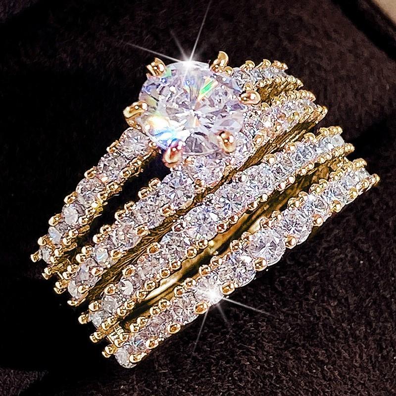 Sparkling 2Pcs Set Cubic Zirconia Rings for Women Wedding Engagement Fashion Jewelry Luxury Trendy Female Rings Wholesale
