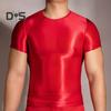 Men T-shirt Thin High Elasticity Round Neck Short Sleeves Slim Fit Good Breathability See-through Glossy Surface Top