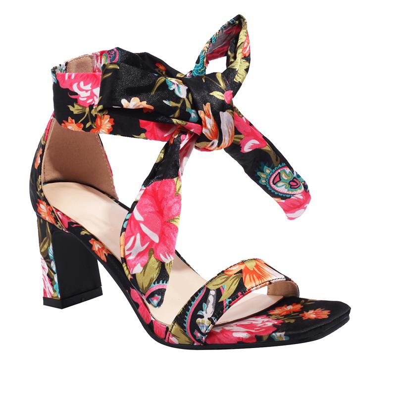 

Classic Retro Style Printed Silk High Heel Sandals Flower Ankle Bow Knot Hollow Open Toe Women s Sandals Ethnic High Heel Shoes 34 чорний