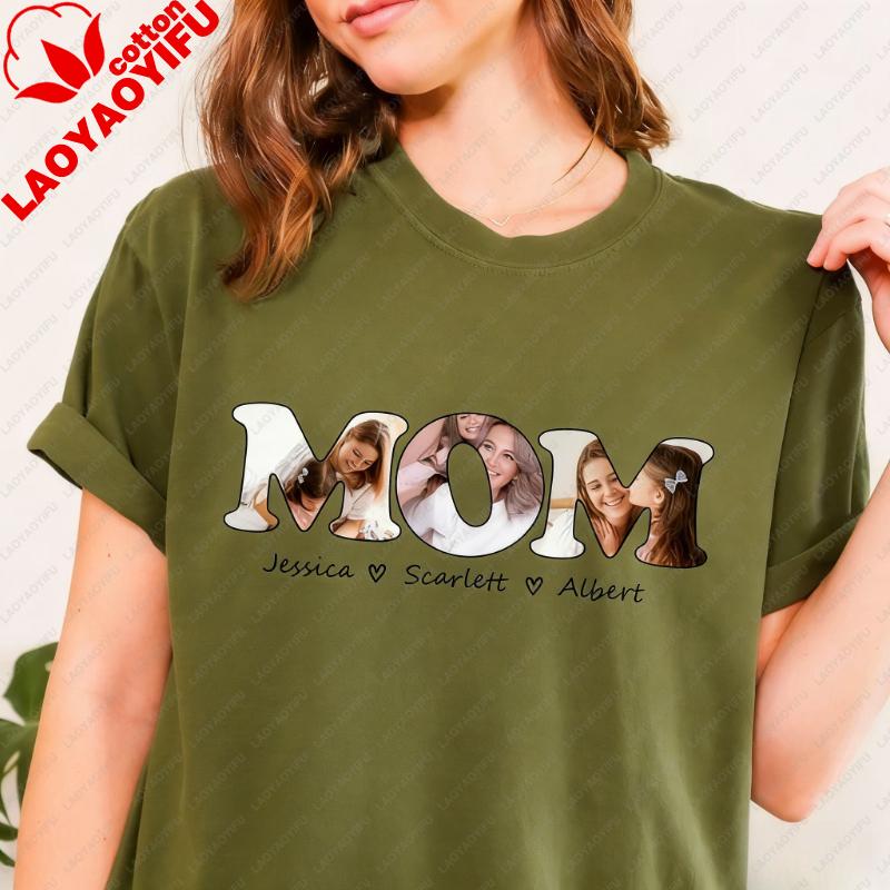 with Kids Names Unique Happy Mothers Day Gift for Family Tee Custom Photo Simple Letters Graphic Tshirts Regular Short Sleeve
