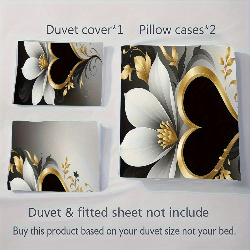 3pcs  Abstract Love Floral Design Print Pattern Bedding Set 1 Quilt Cover + 2 Pillowcases, No Core Retro Simple,