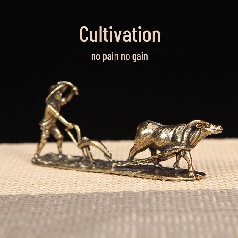 Brass Old Man and Ox Farmer Tea Pet Ornament - Office Desk Decoration