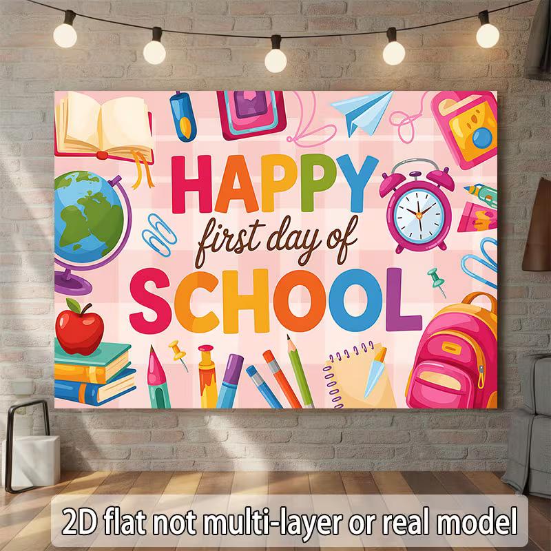 2D First Day of School Backdrop, Colorful School Supplies Photo Background